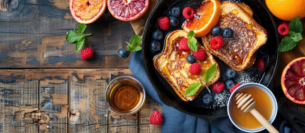 Top view of tasty Cinnamon French Toasts with honey, berries and blood orange atop a vintage cast iron pan on a wooden backdrop with room for text or images. image with copy space